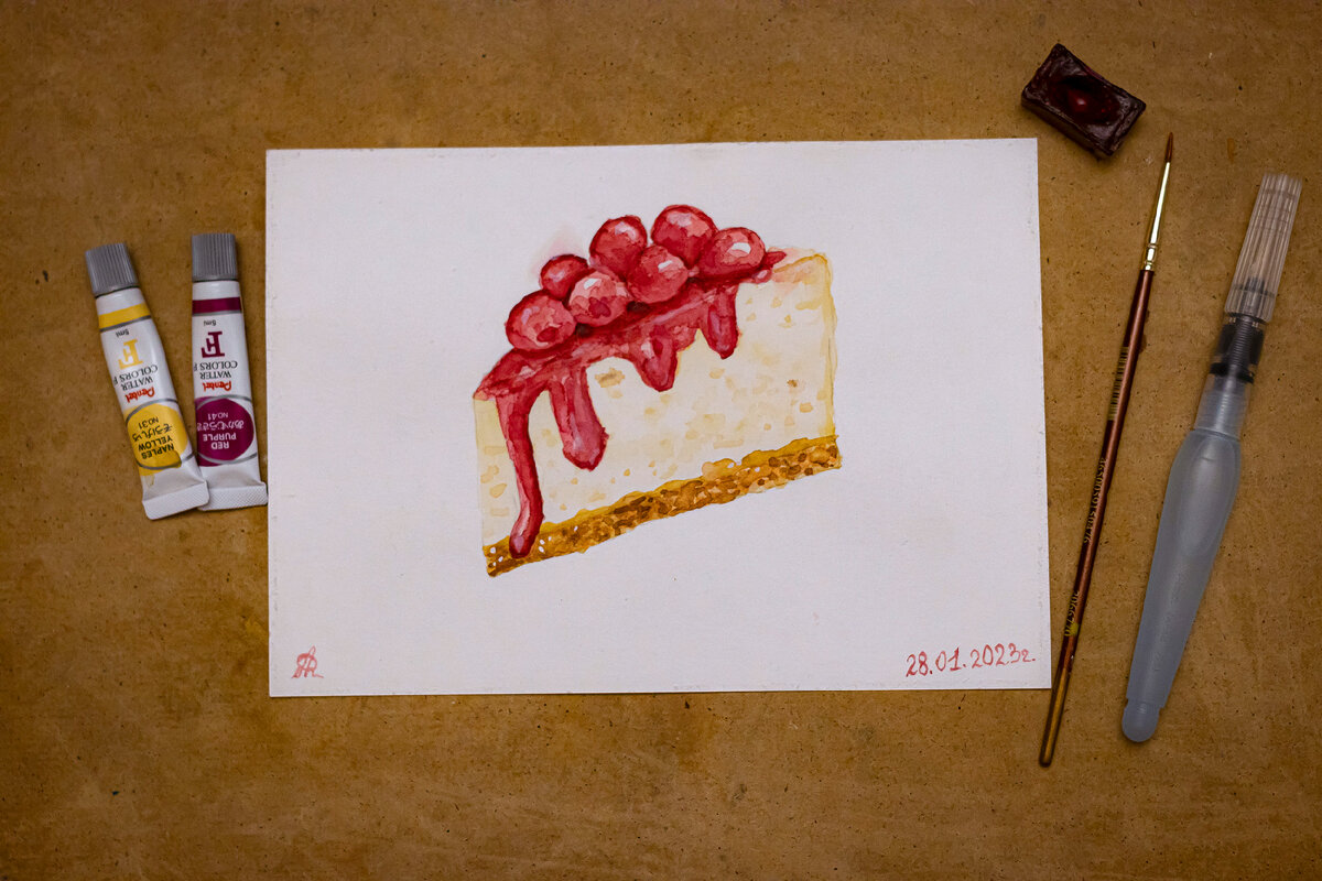 Акварельный арт "Чизкейк с вишнёвым джемом". 🍒🍰 
Дата создания: 28.01.2023 года.
Время: ~4-5 часов.
Автор: Анастасия Белякова