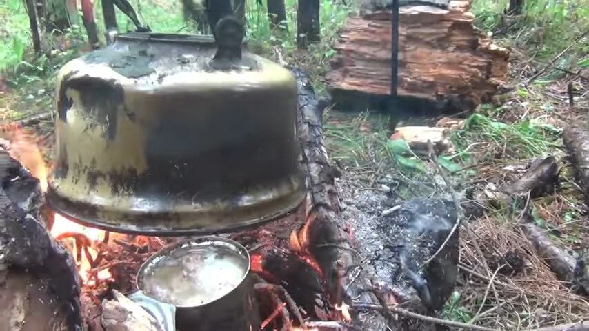 Утром разобрали шалаш и пошел дождь некуда прятаться только под кроны деревьев. Сделали расщеп вставили крышку тушенки и греем на костре.