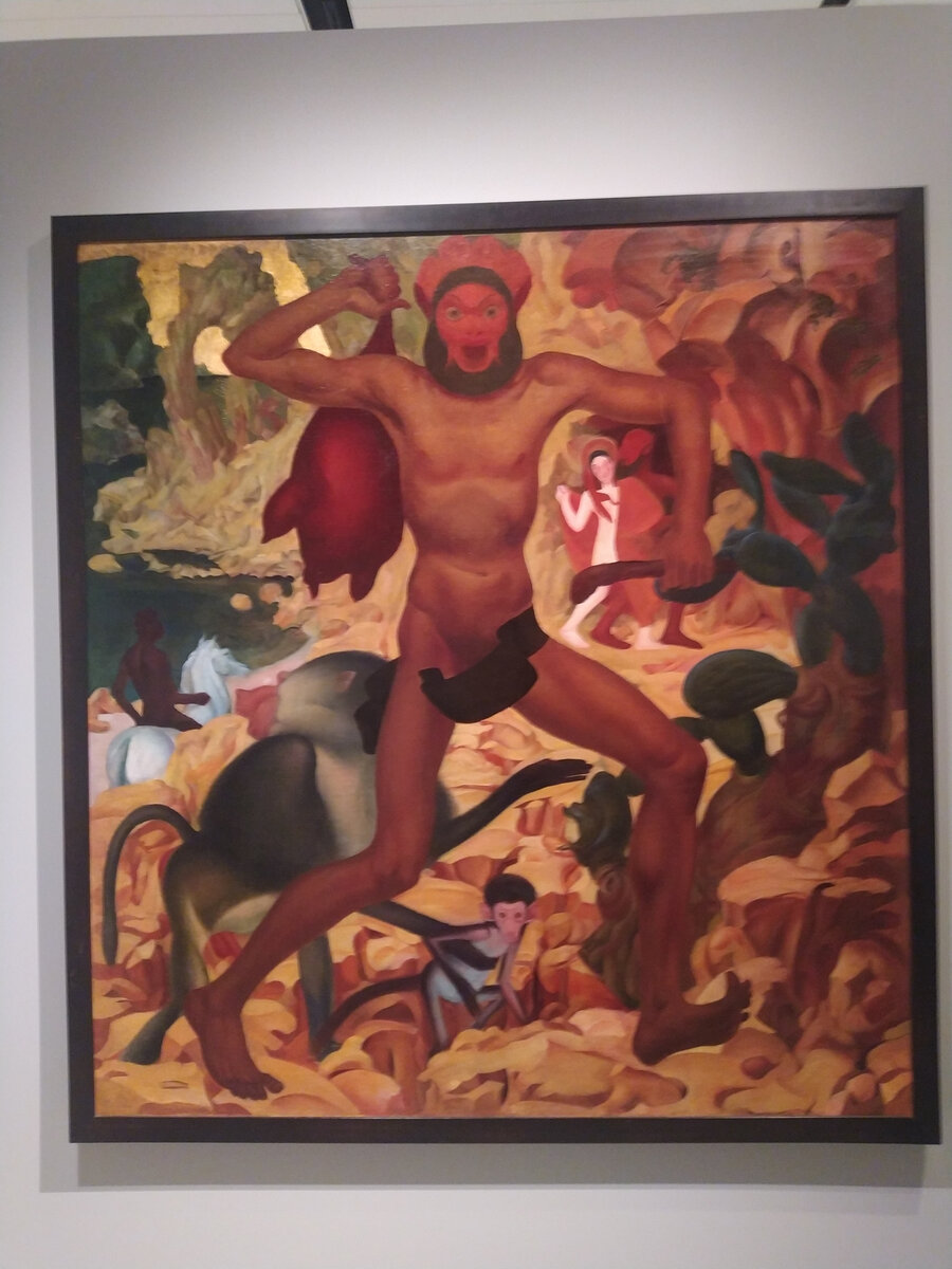 Фрагмент выставки "Отличники" в Музее русского импрессионизма в Москве — картина "Человек и павиан" Александра Яковлева