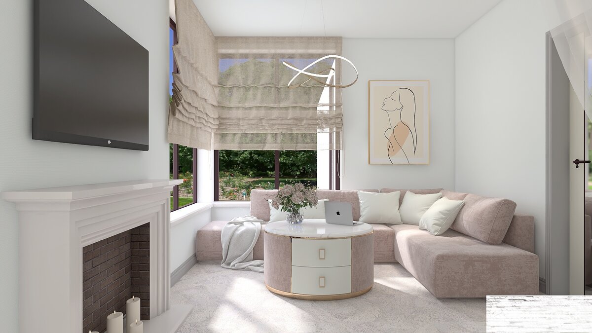 Вид на угловой диван. панорамное окно и камин.