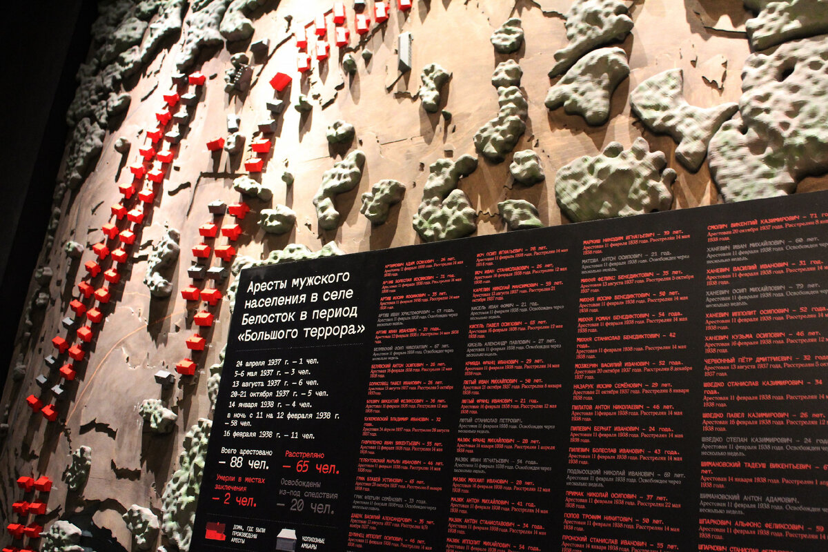 Экспозиция мемориального музея, посвященная Белостокской трегедии. Воссоздан макет селе Белосток, с расположением домов. Каждый красный домик – это тот дом, житель которого был арестован. Фото: Кирилл Силкин