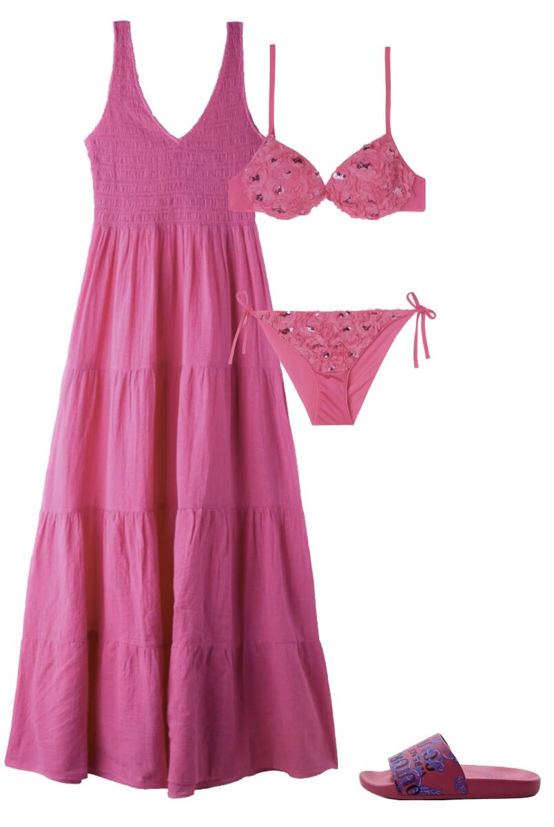 ВЕРХ КУПАЛЬНИКА: CALZEDONIA, НИЗ КУПАЛЬНИКА: CALZEDONIA, СЛАНЦЫ: VERSACE, ПЛАТЬЕ: CALZEDONIA