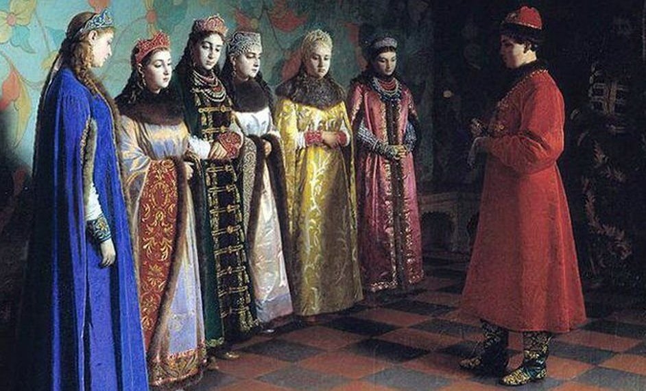      Репродукция картины Г. Седова "Выбор невесты царём Алексеем Михайловичем", 1882.