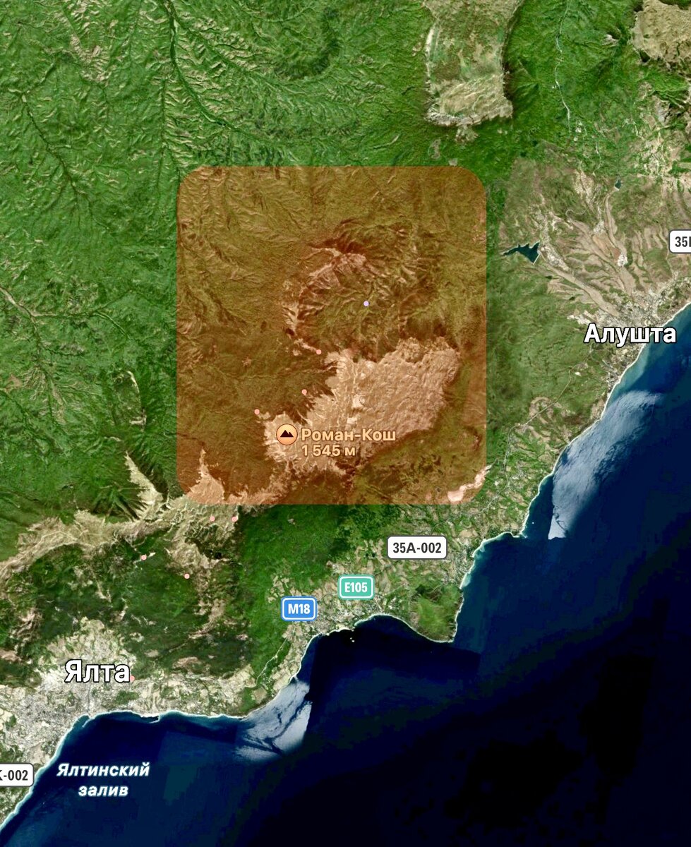 Спутниковый снимок фрагмента карты Южного побережья Крыма. Квадратом отмечены приблизительные границы Национального парка «Крымский». 