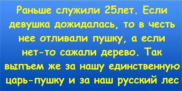 Про 25. Раньше служили 25 лет. Раньше служили 25 лет если девушка дожидалась. Анекдот про царь пушку и леса. Тост про царь пушку и русский лес.