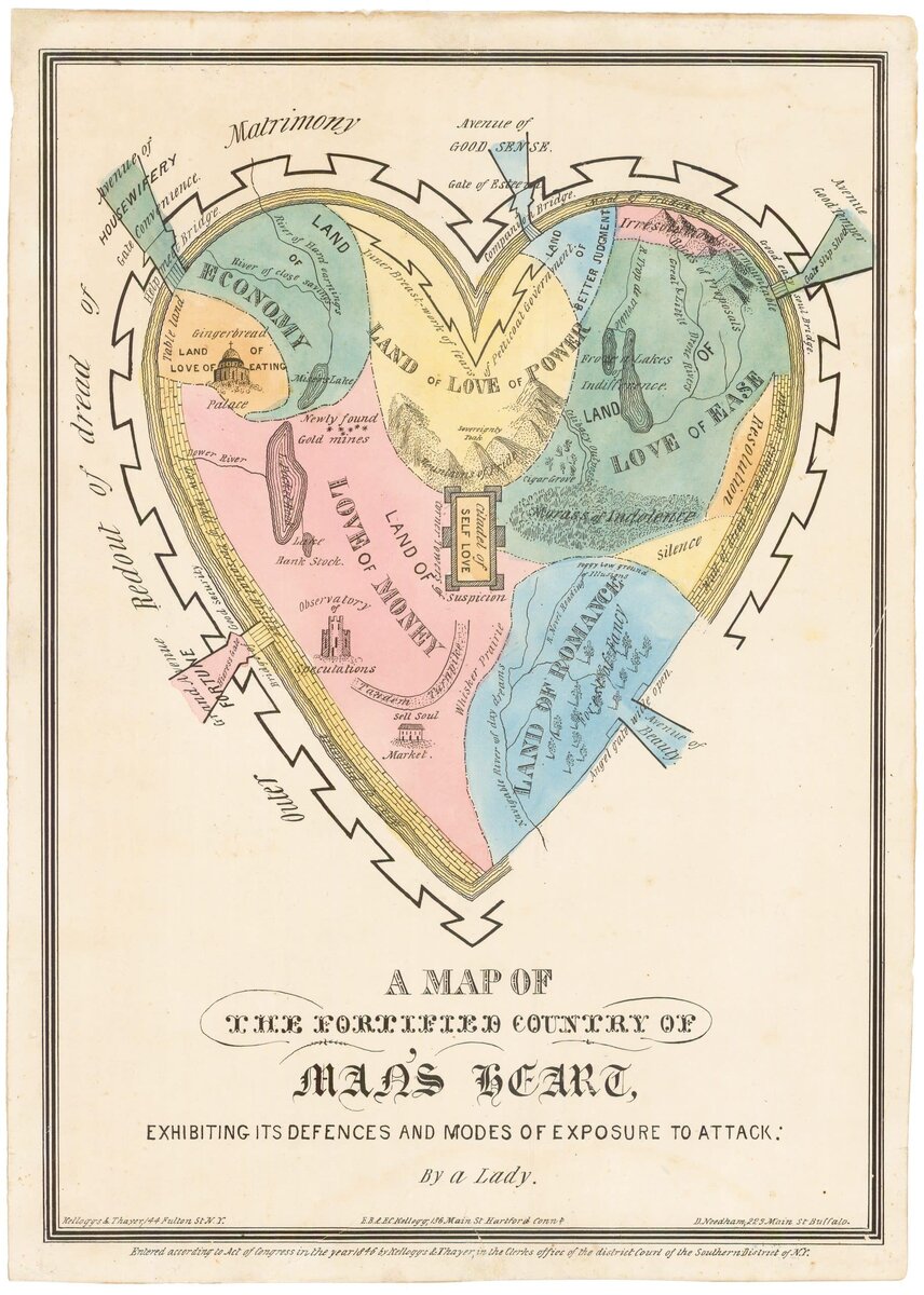 Анонимно. Карта страны-крепости мужского сердца. Литография компании DW Kellog & Co., Хартфорд, Коннектикут. 1833-1842