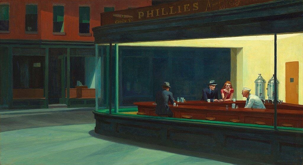 Эдвард Хоппер “Полуночники”, 1942 Nighthawks
Холст, масло. 84,1 × 152,4 см
Институт искусств, Чикаго
