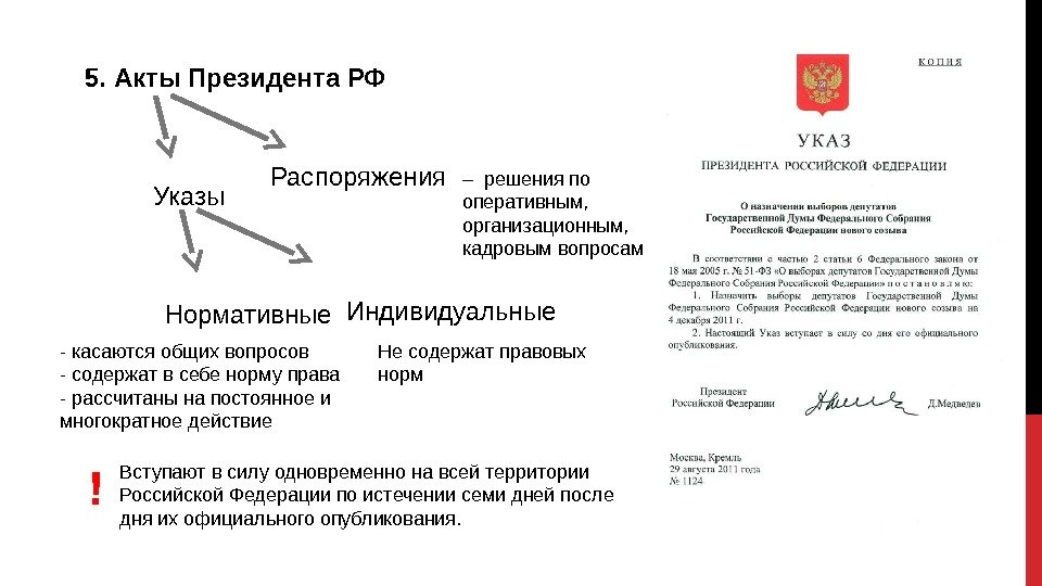 Закон вид документа. Нормативные акты президента РФ. Акты указы и распоряжения президента Российской Федерации. Указы и распоряжения президента РФ И постановления правительства РФ. Правовые акты президента Российской Федерации Конституционное права.