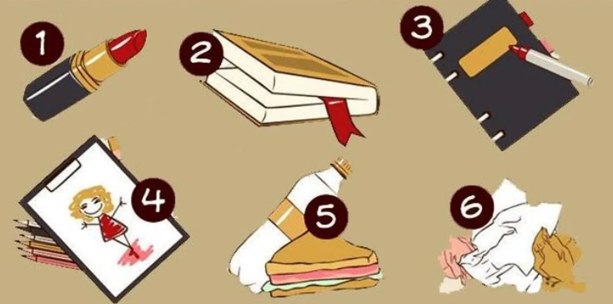 1- косметика 
2 - книга
3 - ежедневник
4 - канцелярские принадлежности
5 - еда, перекус
6 - мусор
