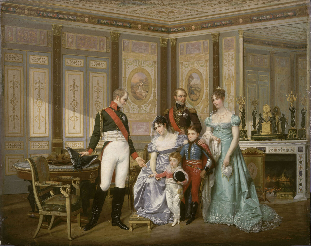 Tsar Aleksandr I of Russia with Joséphine de Beauharnais (former Empress of the French) and her family: Eugène - Duke of Leuchtenberg (son), Hortense - former Queen of Holland (daughter), Napoléon Louis - aka King Louis II of Holland (grandson) and Louis-Napoléon - future Emperor Napoléon III of the French (grandson), 1813