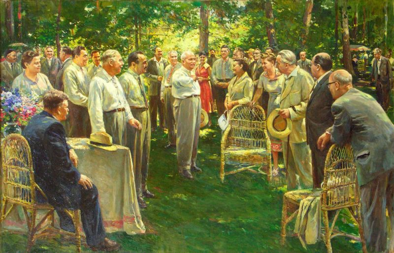 Дмитрий Налбандян. "Встреча руководителей партии и правительства с творческой интеллигенцией", 1957 г. (Холст, масло. Из фондов ГМВЦ «РОСИЗО»).