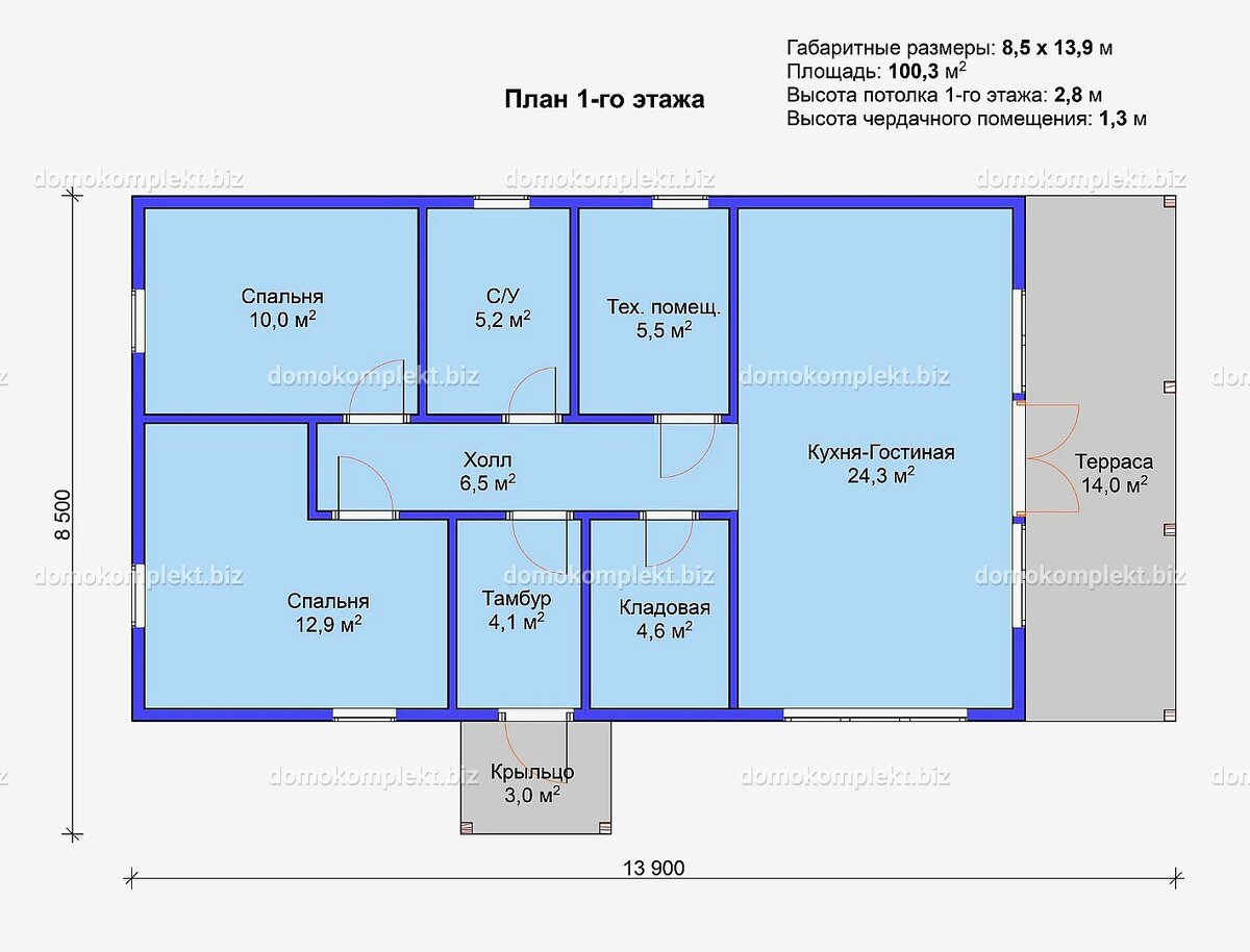 Проект дома 1 этаж площадью 100 кв. м.