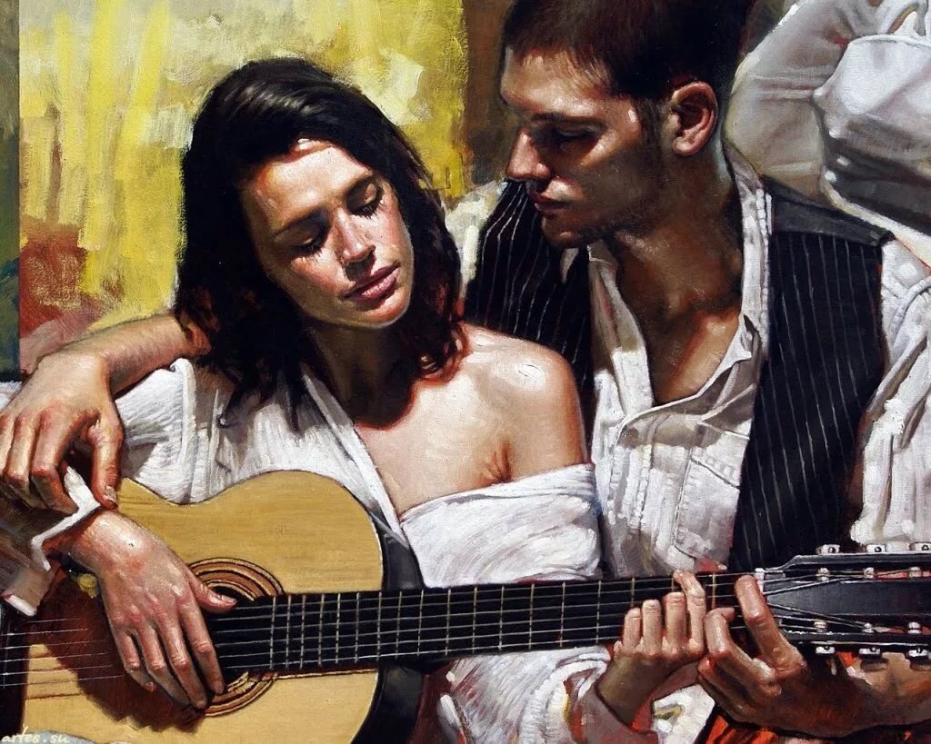 Художник Diego Dayer. Diego Dayer картины. Влюбленные с гитарой. Картина с итальянским гитаристом.