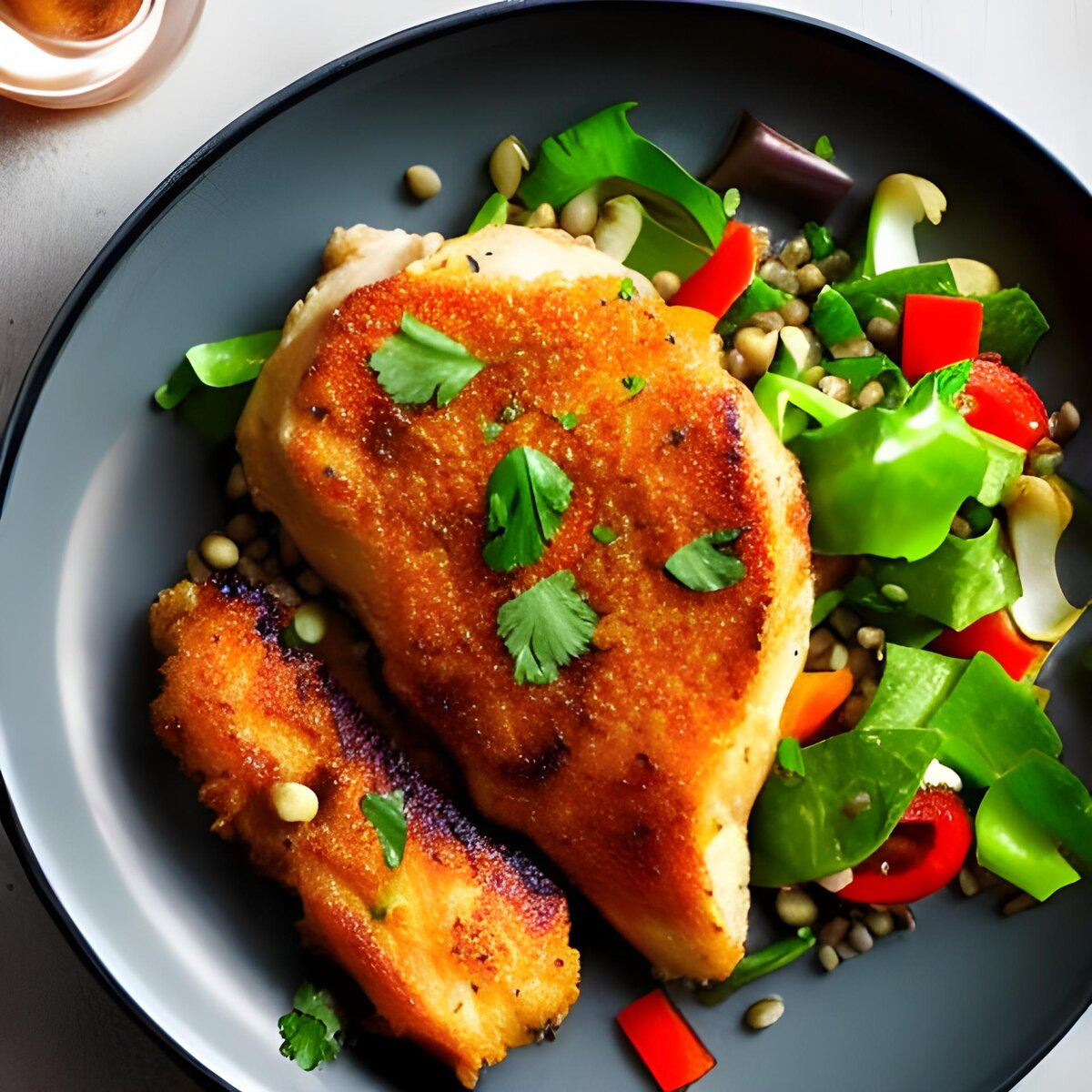 Курица в кляре с гречневой кашей и овощным салатом