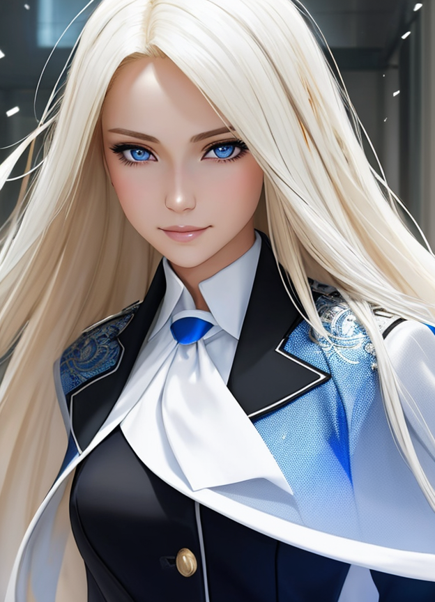 alone (Blonde-haired) woman with long, straight hair and (blue irises), white sclerae, dressed in a white strict blouse and black official jacket, office worker, full-length, [cute smile], sad, humble, kind, beautiful, light eye makeup, light skin, detailed clothing, Unreal Engine, by Artist Stephan Martinière, [anime style]