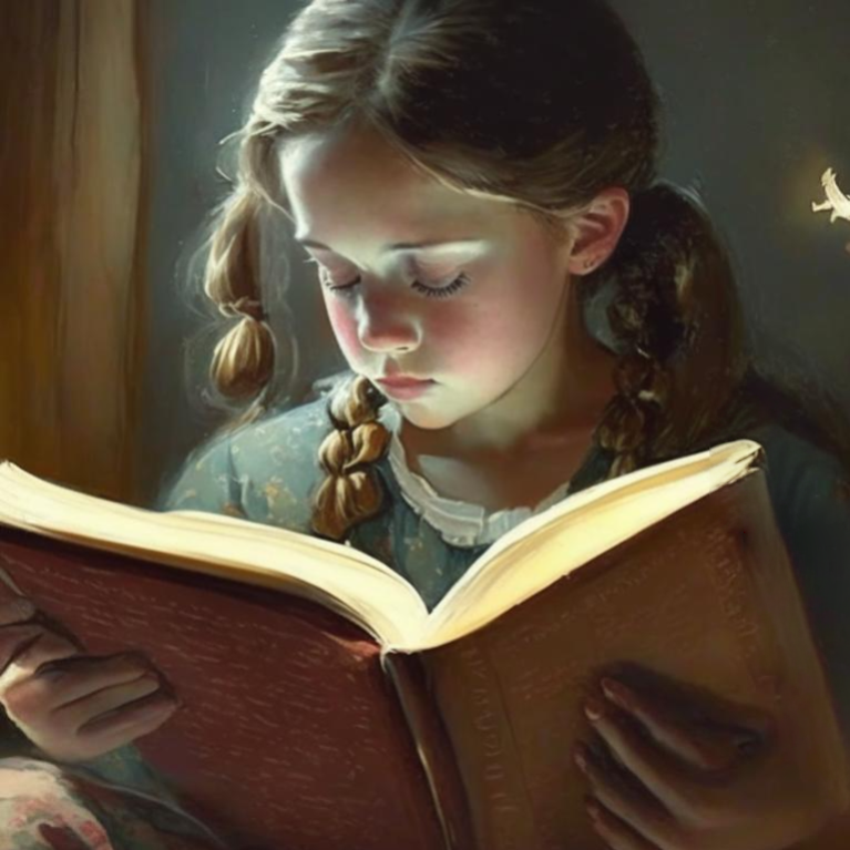 Девочка читает книгу на английском языке.