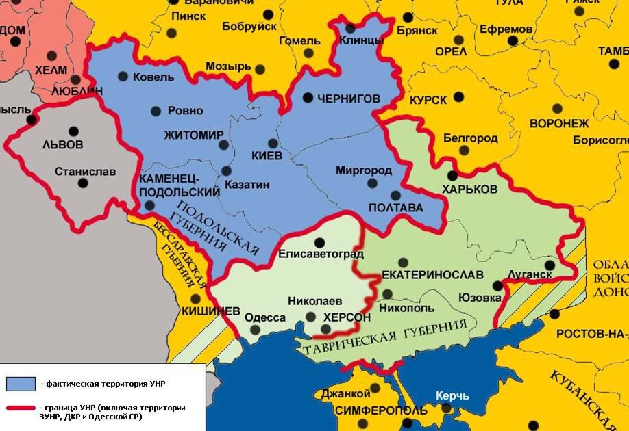 Синим цветом территория УНР, до подписания Брестского мира.