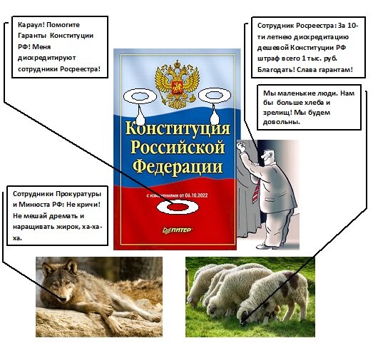 
       Почему же это происходит, когда десятилетиями нарушается Конституция РФ и никто не реагирует. Сделаю открытие для дремучих избирателей, что вами выбранный Президент РФ является главным ГАРАНТОМ соблюдения законов Конституции РФ и по этому поводу он даёт КЛЯТВУ при вступлении в должность. Но пользуясь дремучестью, трусостью своих избирателей, Президента РФ никто ни разу не проверял по поводу соблюдения Конституции РФ. Не проверяли Ельцина, Путина, Медведева, то есть они потенциальные нарушители клятвы. Путина не проверяли уже почти 20 лет. Вот такие у нас бессовестные, глупые избиратели. Народ в России, в Украине и других странах мира постоянно подтверждают мой афоризм: "Несовершенная демократия - это когда невежественное, бессовестное, безответственное большинство выбирает во власть хитрых демагогов из своего подобия для своего оболванивания и обжуливания".

       К какому правовому нарушению можно приравнять нарушение Конституции РФ и неисполнение клятвы Президентом страны?
"Организация государственной власти в России и зарубежных странах: Учебно-методический комплекс"
(рук. авт. кол. и отв. ред. С.А. Авакьян)
("Юстицинформ", 2014)
...В литературе отмечается, что в качестве государственной измены Высокий суд правосудия теоретически может квалифицировать многие уголовно наказуемые деяния: убийство, взяточничество, неисполнение своих обязанностей, нарушение Конституции, необоснованный отказ промульгировать закон, злоупотребление правом использовать ст. 16 Конституции о введении в стране чрезвычайного положения и т.д. 

"Конституционное (государственное) право зарубежных стран: Учебник для вузов"
(17-е издание, исправленное и дополненное)
(Мишин А.А.)
("Статут", 2013)
Процедура импичмента с определенными дополнениями и изменениями воспринята парламентами многих стран. Так, согласно Конституции Франции 1958 г. Президент может быть привлечен к ответственности за совершение государственной измены. 
Нации, которые плюют на закон, умрут.