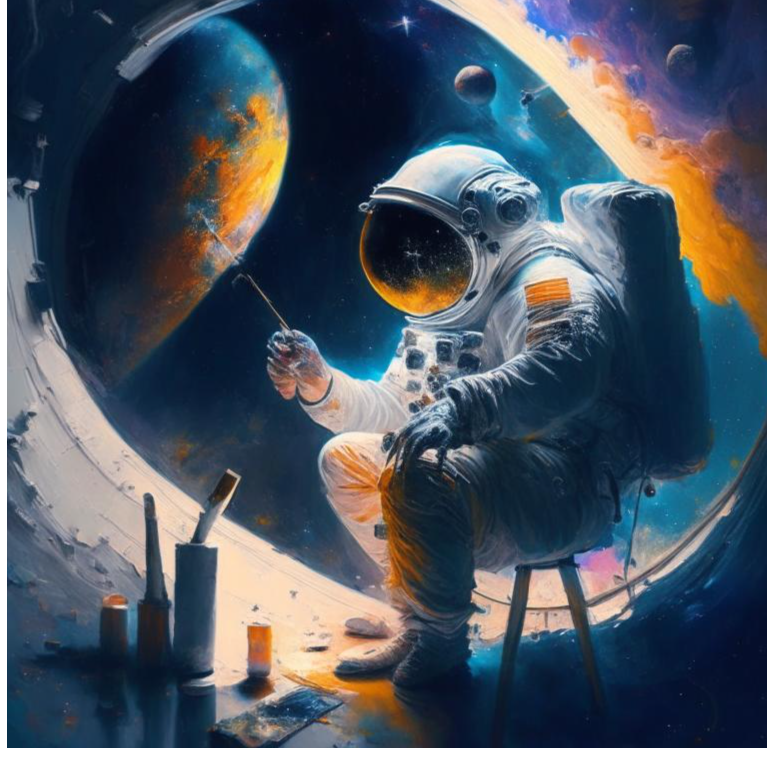 Художник в космосе. Изображение от нейросети Кандинский. Как всегда, с количеством пальцев у этой сети большая проблема. Ну, допустим, под скафандром - инопланетянин с нестандартным количеством пальцев. Спасибо, что ног и рук строго по две. 