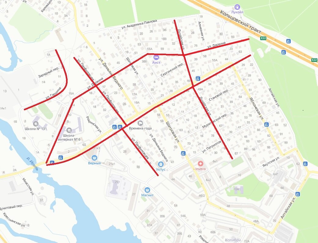 Дарвина - Дунайская - Панфиловцев - Молодогвардейцев - Академика Карпинского – Гаршина (Екатеринбург) © Яндекс