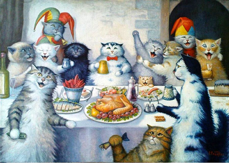 Сегодняшняя публикация снова посвящена котам в живописи. И на сей раз своих котов представляет нам московский художник Степан Каширин, который пишет свои картины в направлении фантастического реализма.-13