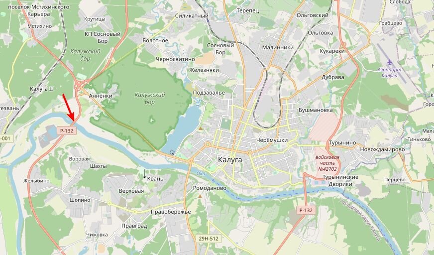 © OpenStreetMap / CC BY-SA 2.0 (Калужскую ГЭС предполагалось построить там, где сегодня проходит объездная автодорога с мостом через Оку – Южный обход Калуги)