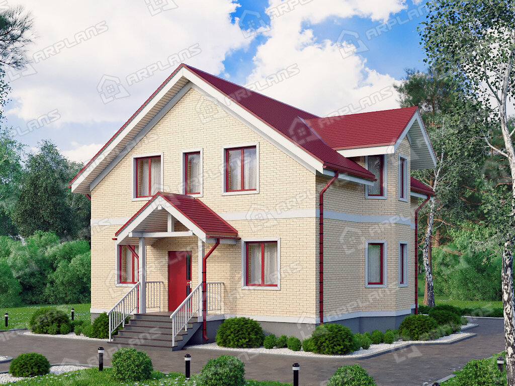 Фото 1 дома из кирпича с мансардой, 3 спальнями, газовой котельной и эркером. Источник arplans.ru Проект К-258