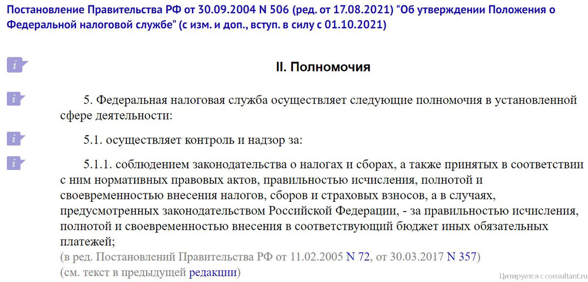 Выдержка из Положения о ФНС, демонстрирующая о том, что деятельностью налогового органа является осуществление контроля и надзора за соблюдением законодательства о налогах и сборах