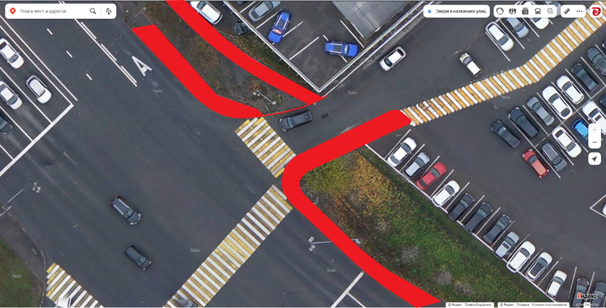 Изображение 1-2. Вид сверху данного участка с размеченным тротуаром на данный момент.