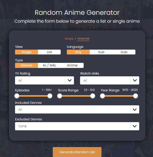 Настройка фильтра на сайте `randomanime`