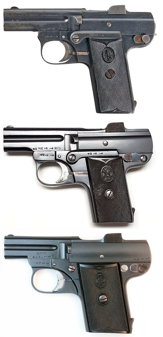 Пистолета Пипера обр. 1907 года. Сверху вниз: А, B и С.
