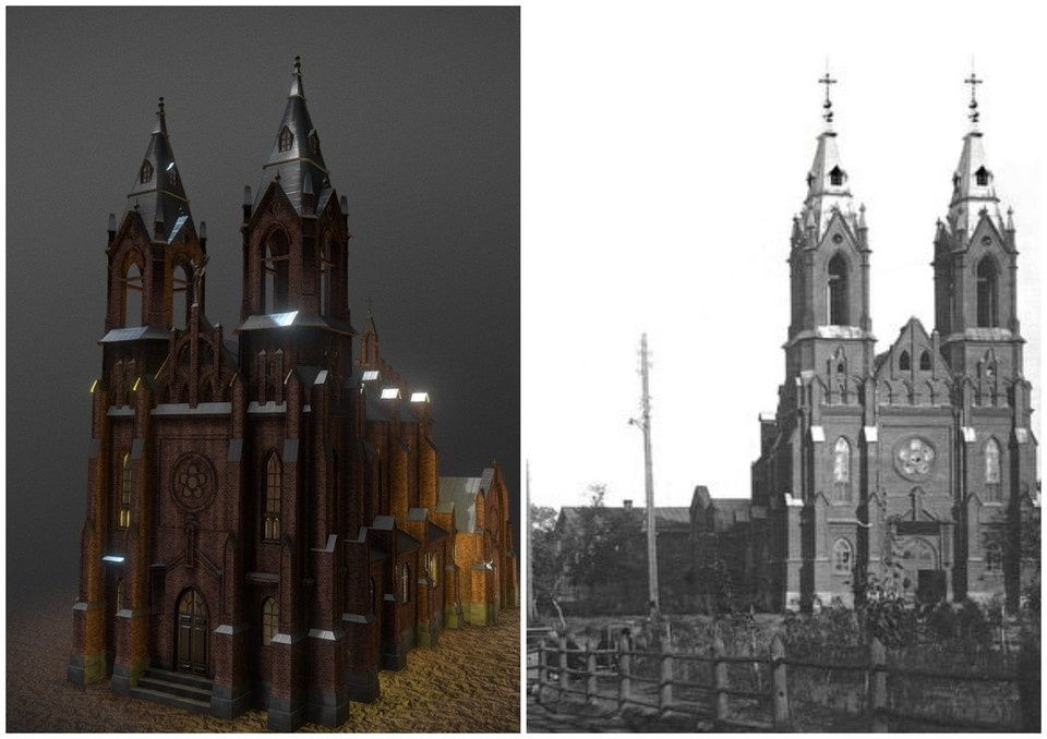    Взорванный в 1932 году костел и его цифровая версия. Фото: Андрей Филатов / архив