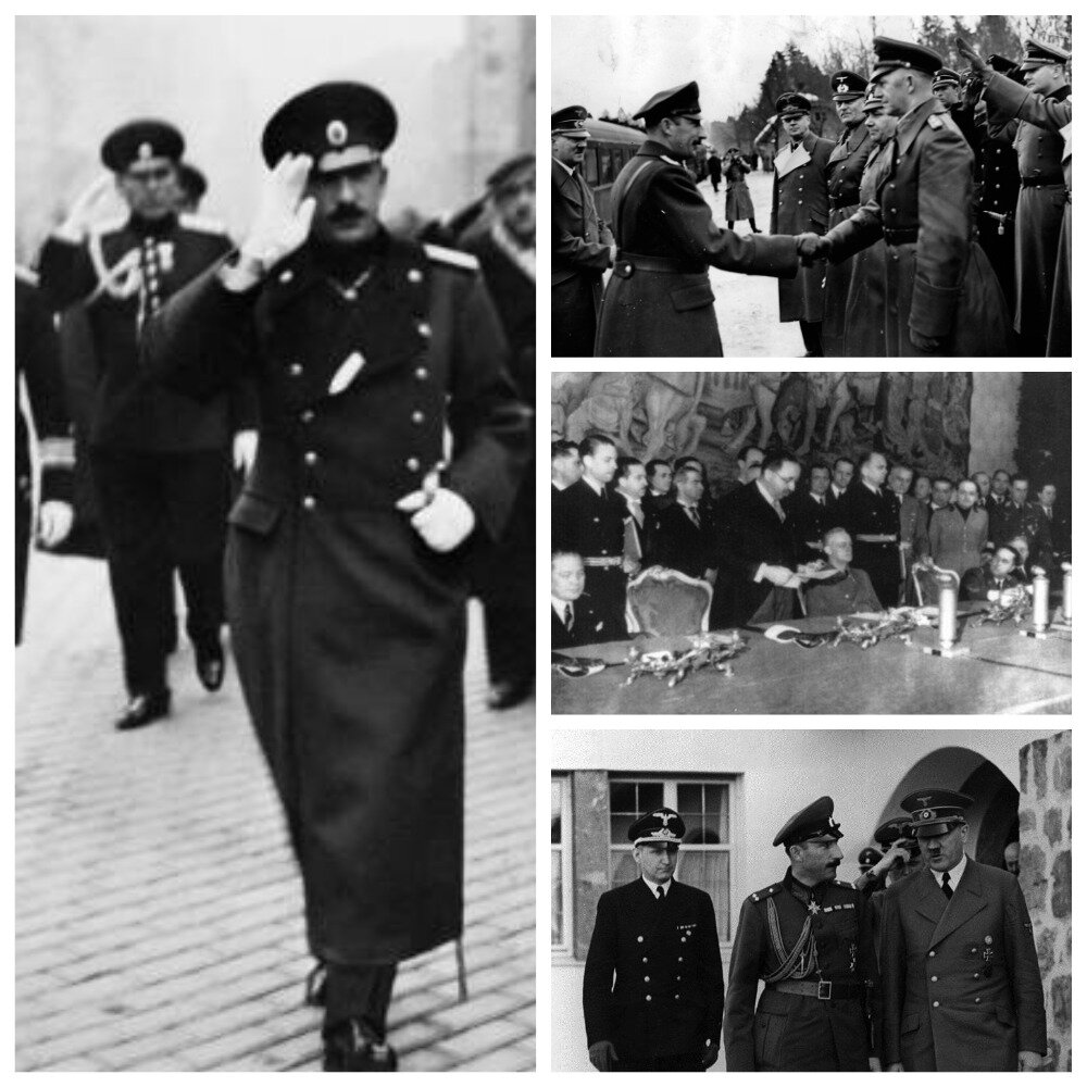 Борис III и Гитлер. Слева по центру - Болгария присоединяется к Тройственному союзу (Болгарию представляет премьер-министр Б. Филов).