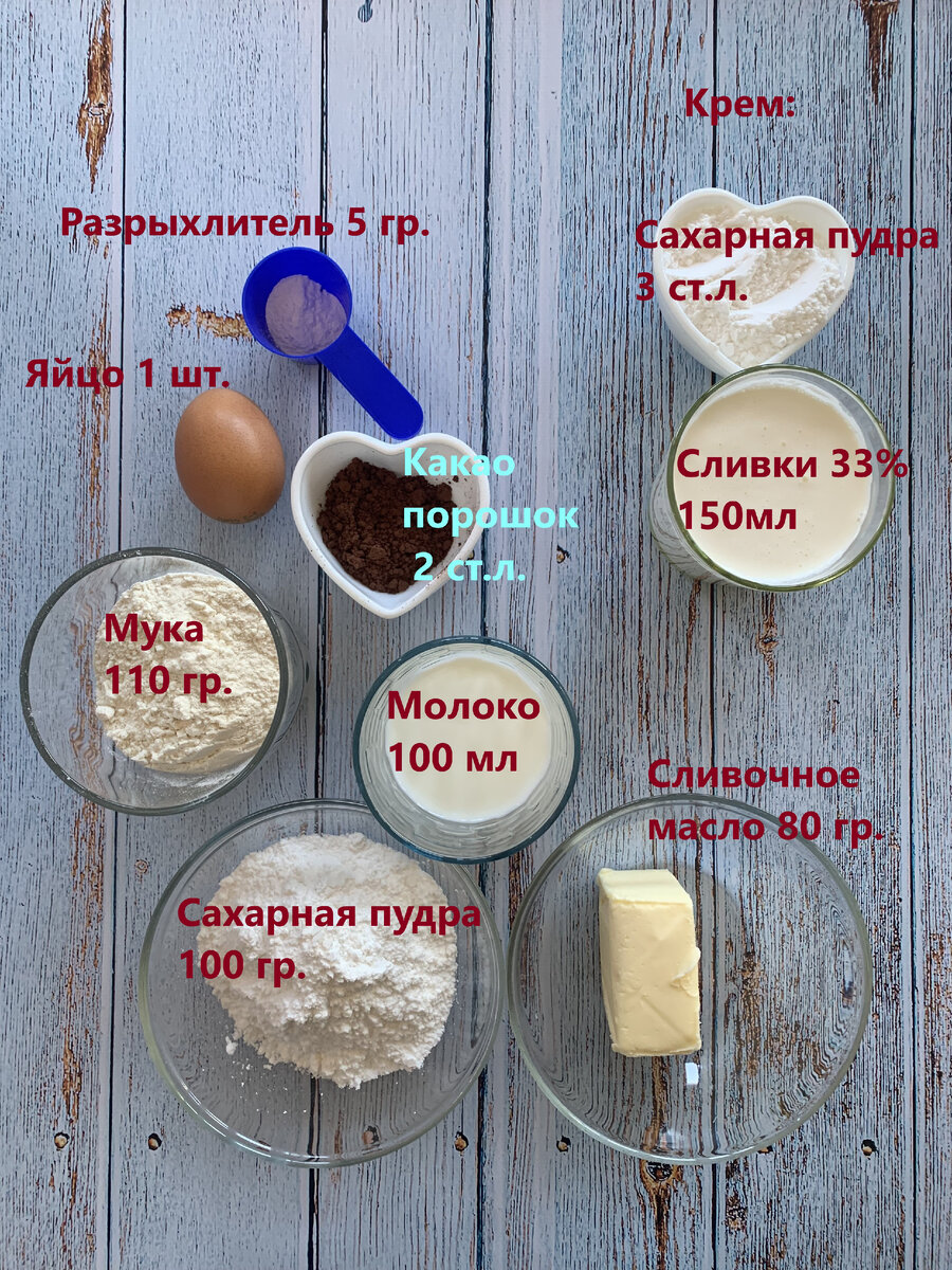 Д:ля бисквита: разрыхлитель 5 гр.; яйцо 1 шт.; какао порошок 2 ст.л.; мука 110 гр.; молоко 100 мл; сахарная пудра 100 гр. сливочное масло 80 гр. Для крема: сахарная пудра 3 ст.л.; сливки 33% 150 мл.