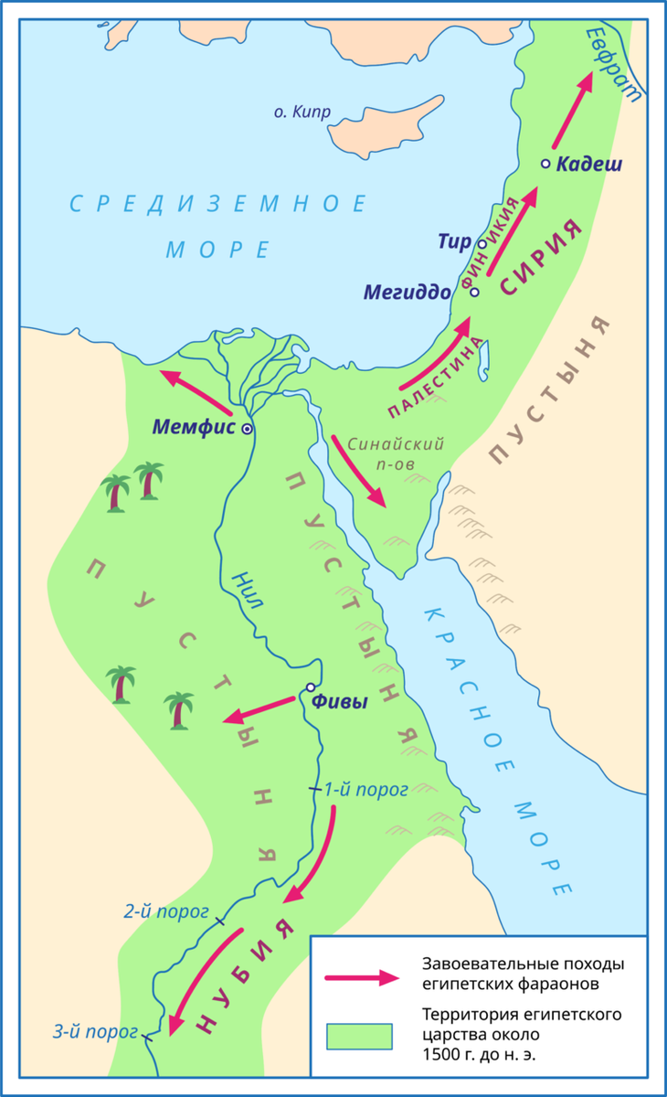 Карта направлений египетских завоеваний в XVI-XV вв. до н.э.