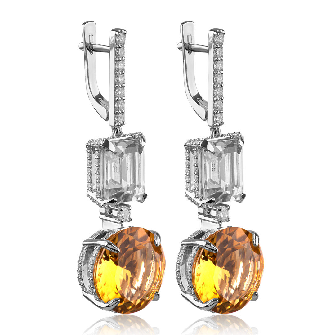 СЕРЬГИ ИЗ БЕЛОГО ЗОЛОТА С ЦИТРИНАМИ 2.69 ct, ГОРНЫМ ХРУСТАЛЕМ 1.16 CT И БРИЛЛИАНТАМИ