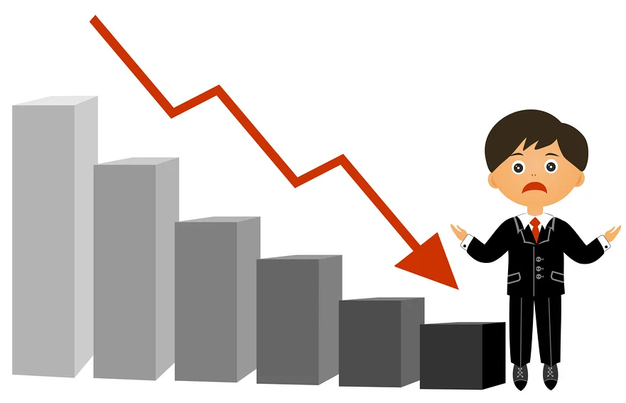 Снижение продаж. Снижение прибыли. Убытки предприятия. Уменьшение дохода. Снижение доходов иллюстрация.