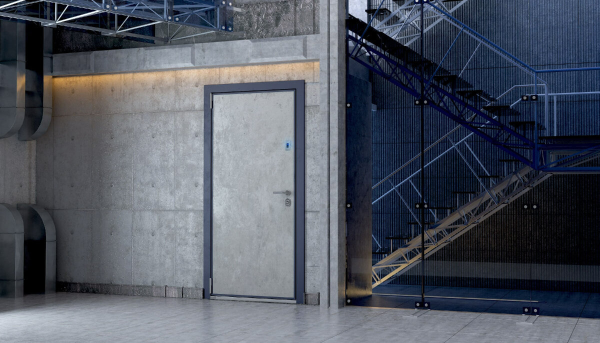 Дверь Electra Smartphone в текстуре "Бетон светлый". Биометрический замок, фурнитура "хром", накладной порог. Цена такой двери - от 395 800 ₽.