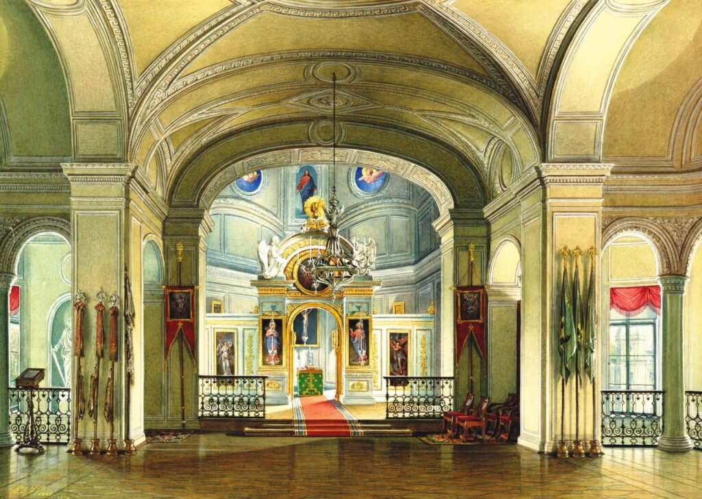 Такой изображена Гатчинская дворцовая церковь 
на акварели Эдуарда Гау (1875)