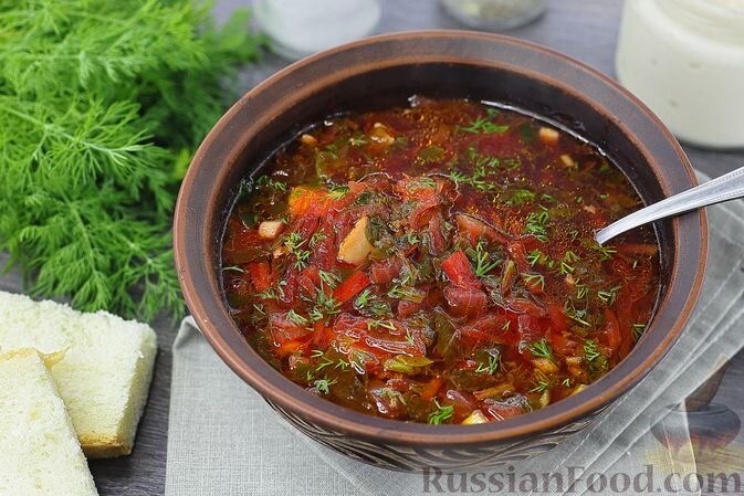 куриные окорочка, картофель, свекла, щавель, перец болгарский, морковь, лук репчатый, сок томатный, масло растительное, лук зелёный, зелень укропа, зелень петрушки, соль, перец чёрный молотый, перец душистый горошком, лавровый лист, паприка молотая, вода