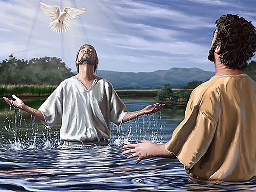 Иисус дух. Крещение Иисуса Христа в реке Иордан. Иоанн Креститель крещение Иисуса. Крещение Иисуса в Иордане голубь. Картинка крещение Иисуса Христа на Иордане.