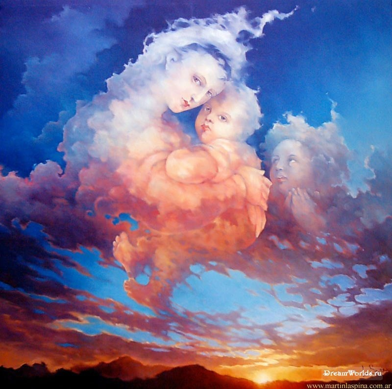 Мама смотрит с небес. Художник Martin la spina. Облака живопись. Ангел на облаке. Ангелы в живописи.