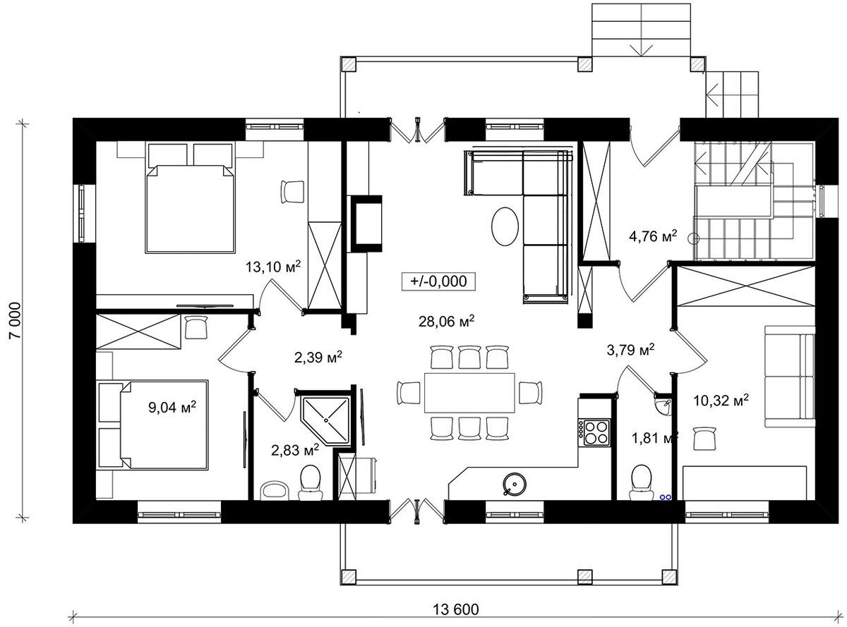 Планировка 2 этажа частного дома с лестницей с 3 спальнями