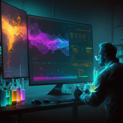 Картинка сгенерирована Midjourney по запросу: ученый в лаборатории изучает масс спектр вещества на большом мониторе. высокое разрешение. стиль хайтек