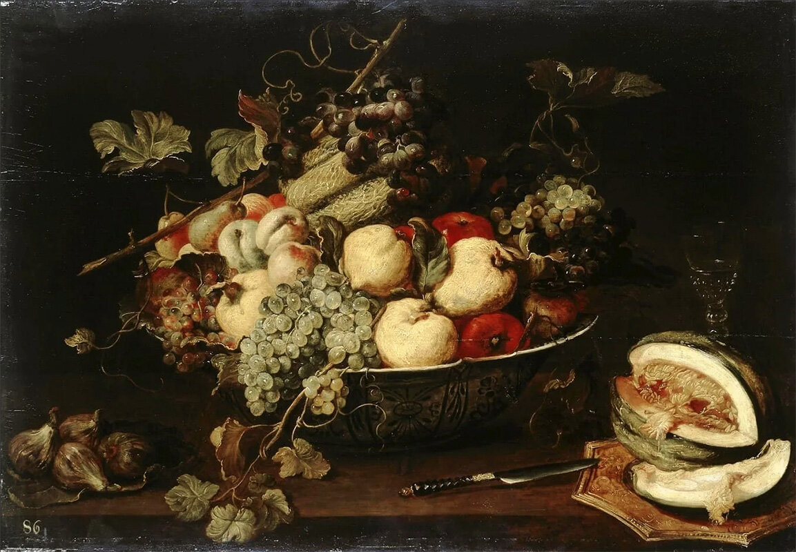 Фрукты в чаше и разрезанная дыня, Франс Снейдерс, 1650-е