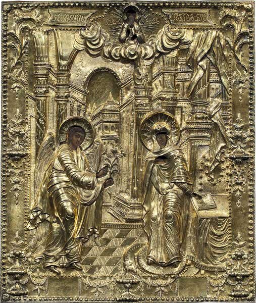 БЛАГОВЕЩЕНИЕ БОГОРОДИЦЫ Первая четверть XVIII века Оклад. 1797 год. Калуга. Мастер Н.С. (?) Дерево, левкас, темпера; серебро, чеканка, гравировка, канфарение, золочение. 31,6× 26,5 см; 31,6× 26,7 см (оклад).Из коллекции Г.А. Покровского. Дар М.А. Покровской, 2009 год. Собрание Музея имени Андрея Рублева