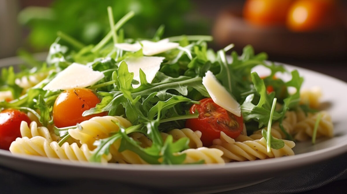    Макароны с помидорами, моцареллой и рукколой