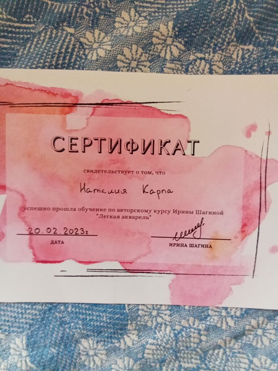 Вот такой сертификат я получила от Ирины Шагиной