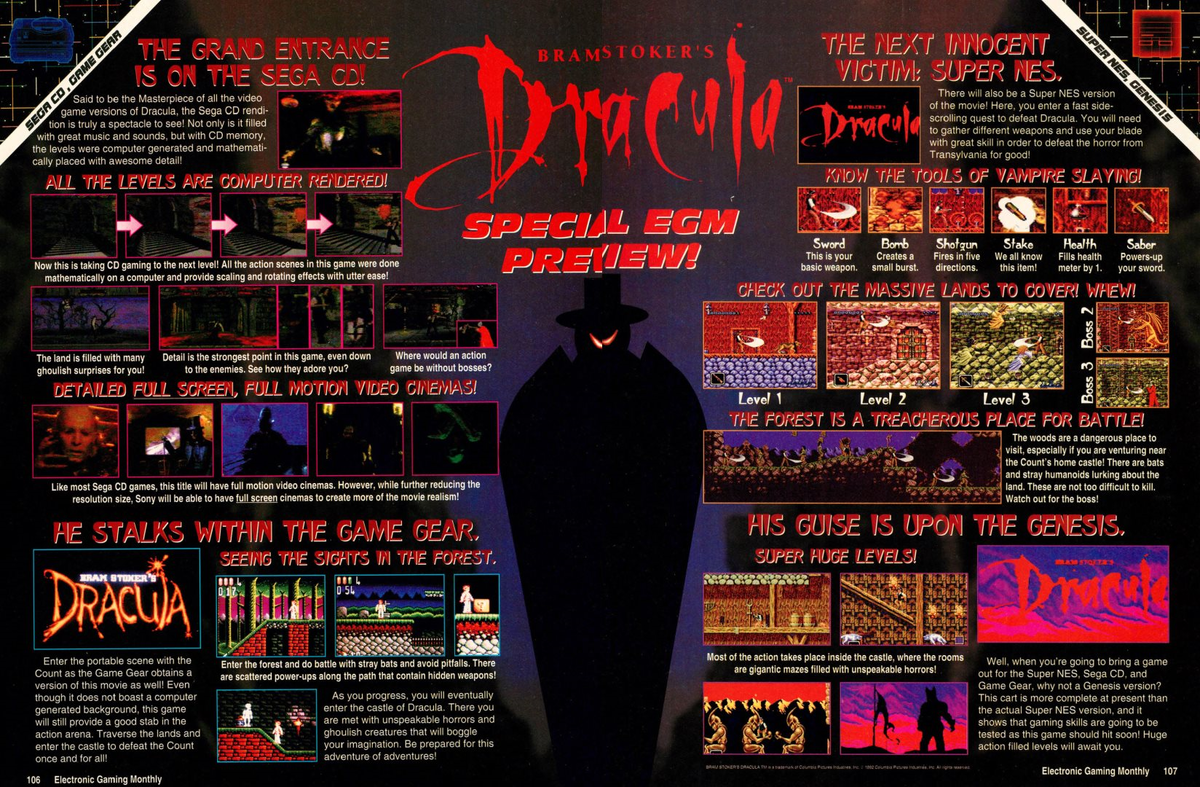 Превью Bram Stoker's Dracula для Sega CD, Game Gear, Super NES и Sega Genesis в EGM 45.