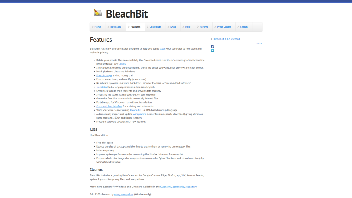 Скриншот страницы с описанием возможностей программы